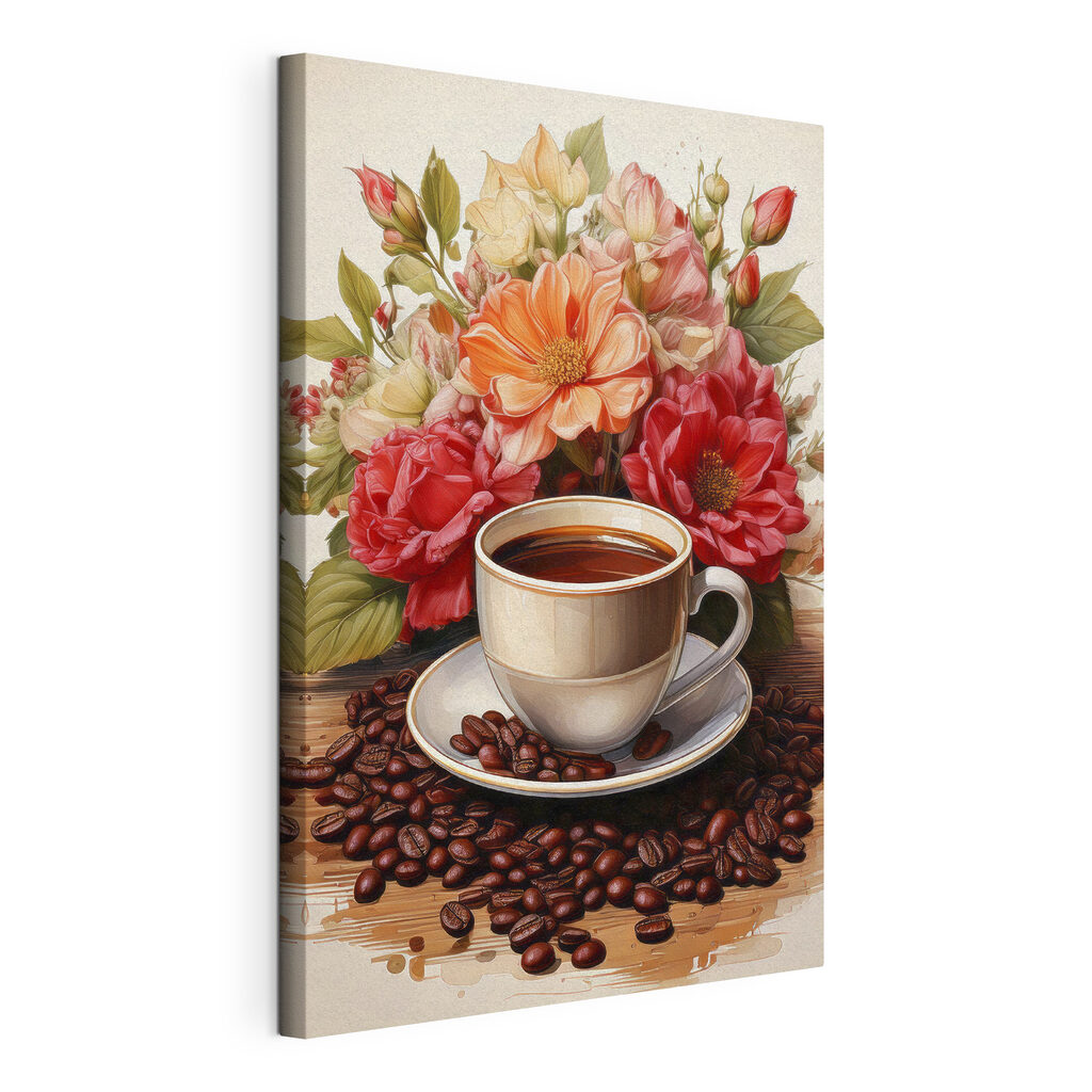 Kaffee unter warmen Rosen, gespannte Leinwand mit umlaufender Kante
