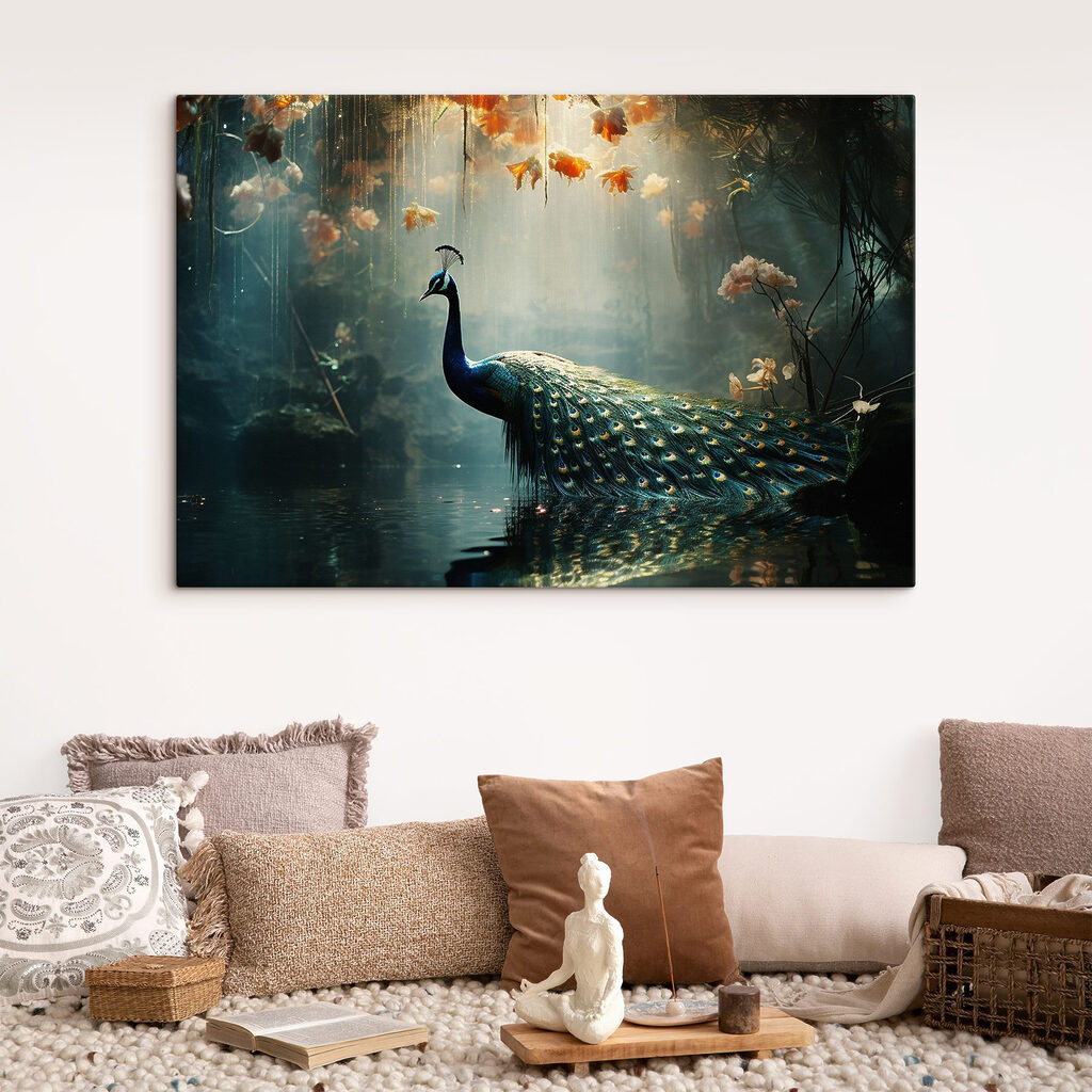 Pfau unter leuchtenden Blüten in einem Interieur