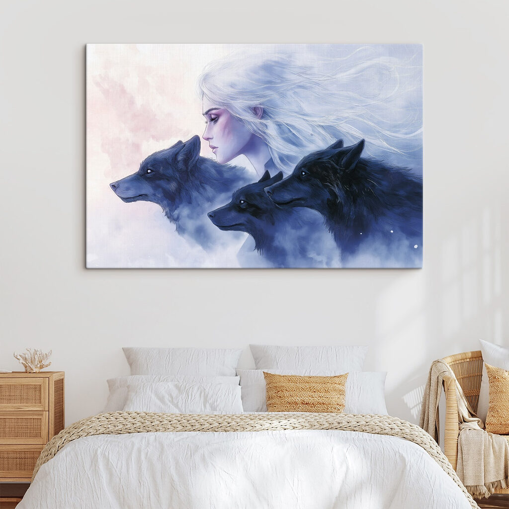 Frauenprofil neben blauen Wölfen — Interieur 1