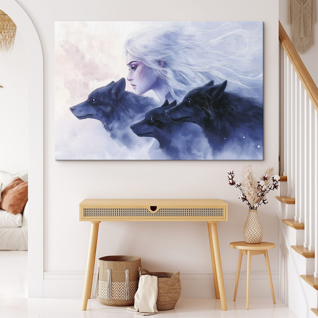 Frauenprofil neben blauen Wölfen — Interieur 2
