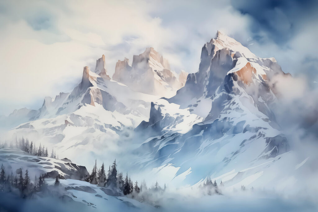 Schneegipfel unter blassen Wolken — ganzes Design