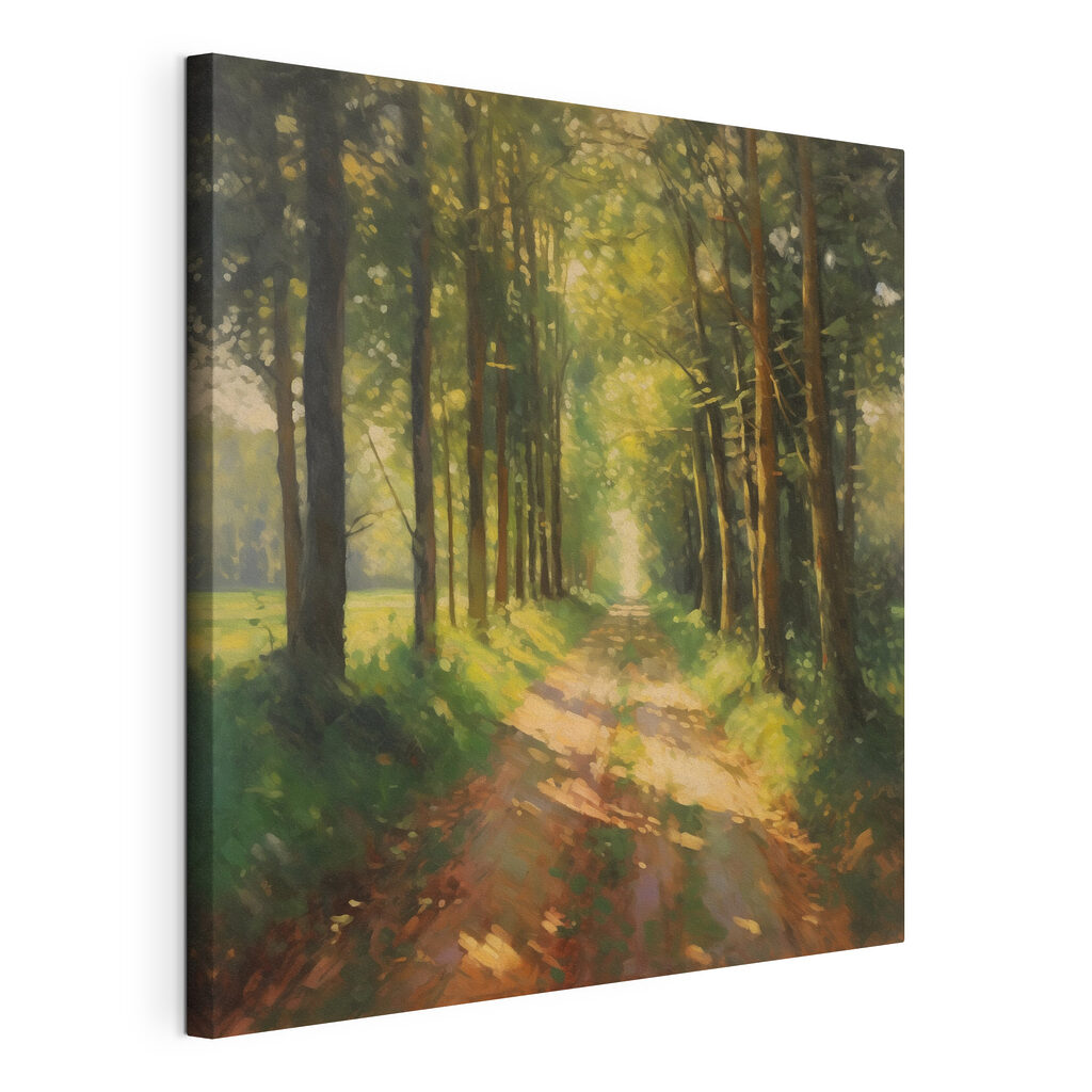 Sandweg durch sonnigen Wald, gespannte Leinwand mit umlaufender Kante