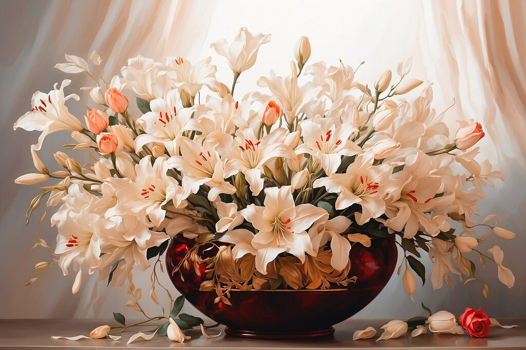 Lilien in weinroter Schale — ganzes Design