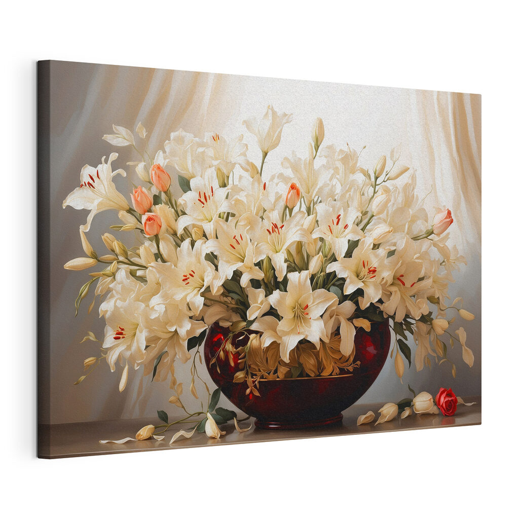 Lilien in weinroter Schale, gespannte Leinwand mit umlaufender Kante
