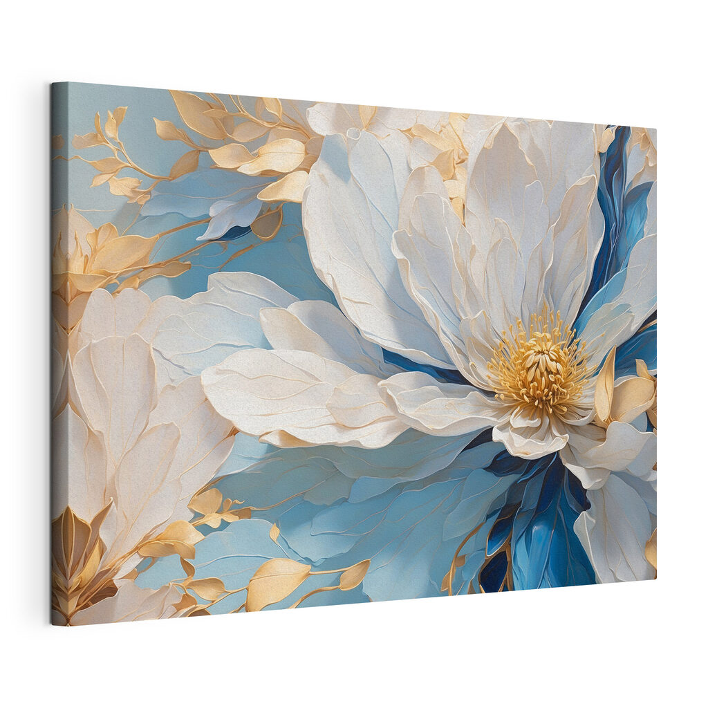 Blüte in blauen Falten, gespannte Leinwand mit umlaufender Kante
