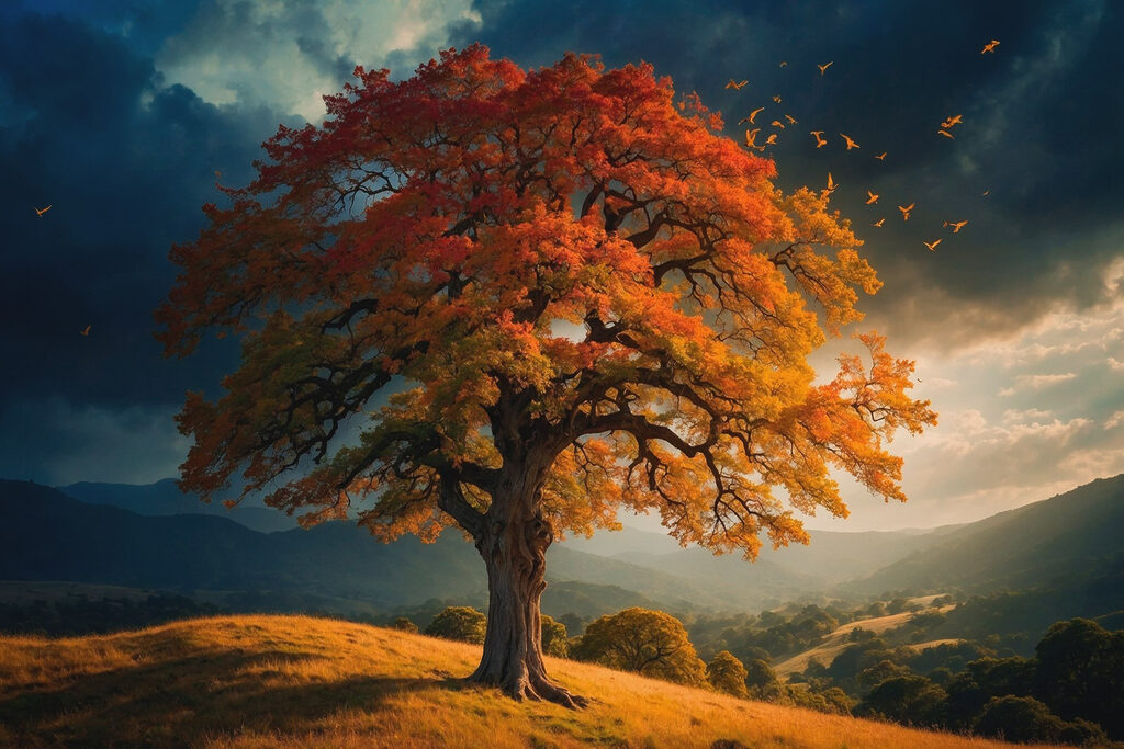 Herbstbaum vor dunklem Himmel — ganzes Design