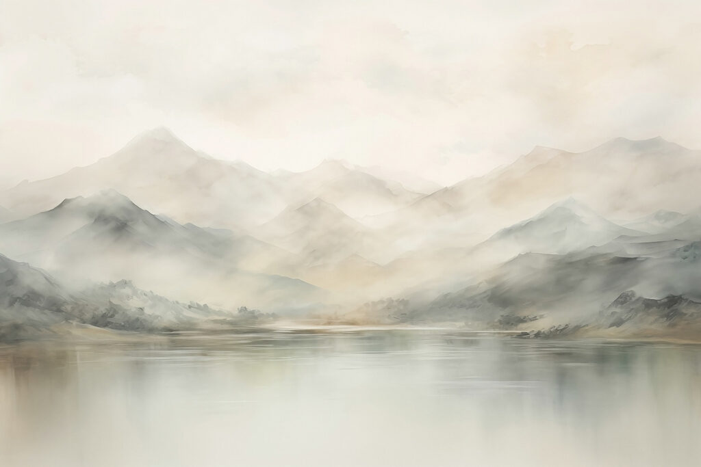 Bergnebel über blassem Wasser — ganzes Design