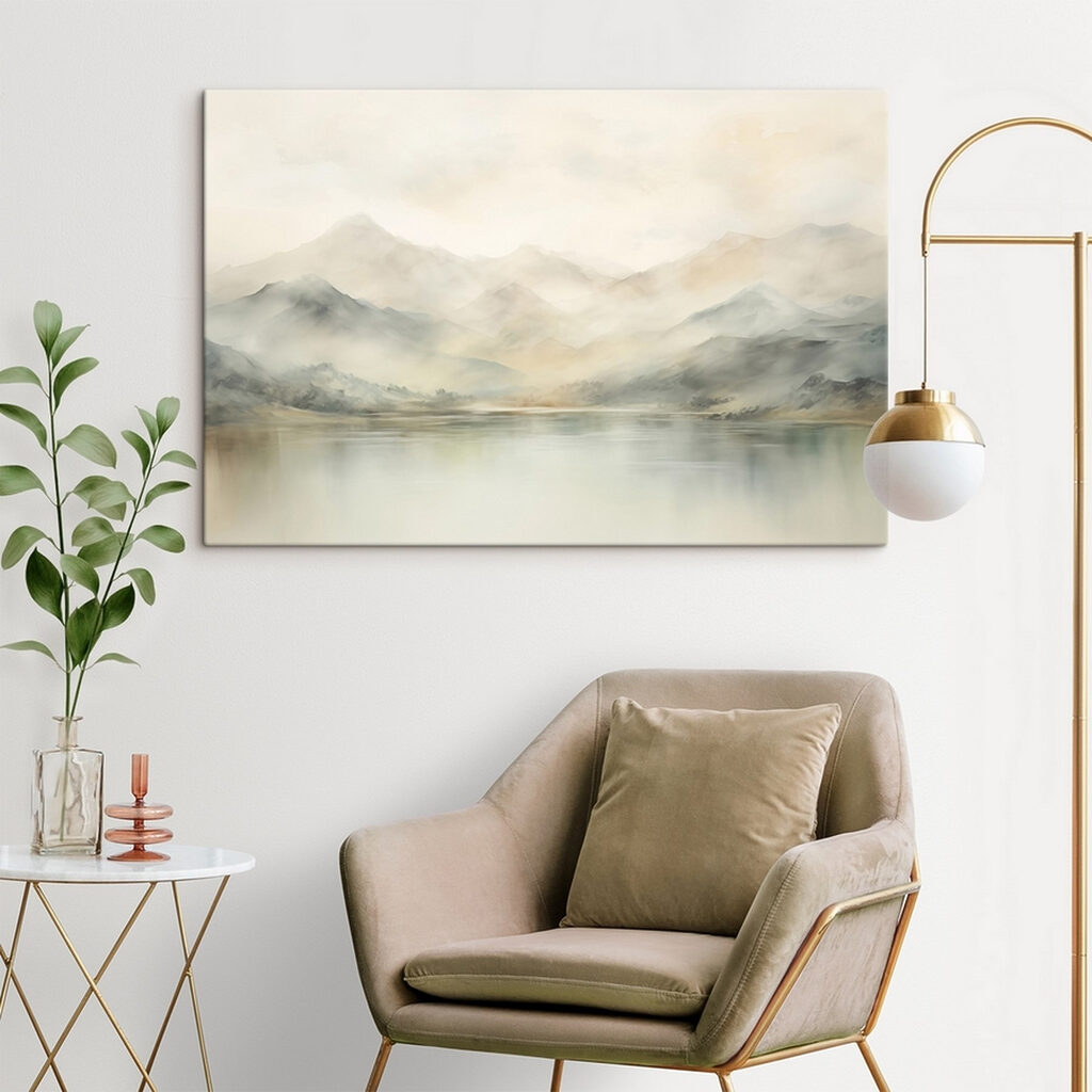 Bergnebel über blassem Wasser in einem Interieur