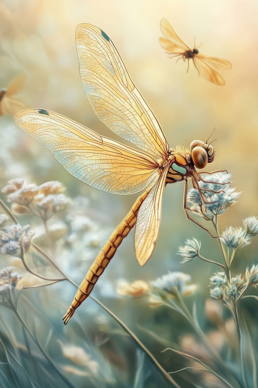 Libelle über hellen Wildblumen — ganzes Design