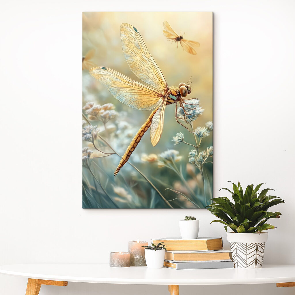 Libelle über hellen Wildblumen in einem Interieur