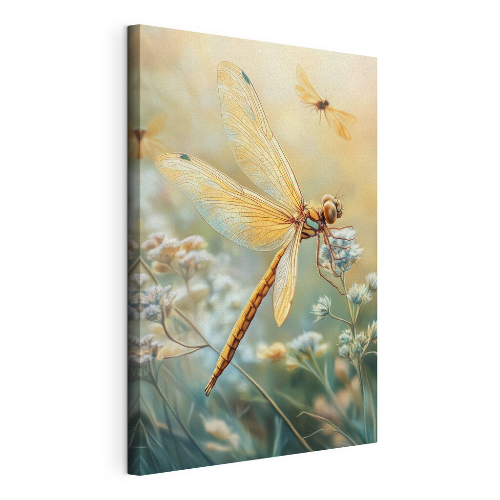 Libelle über hellen Wildblumen, gespannte Leinwand mit umlaufender Kante