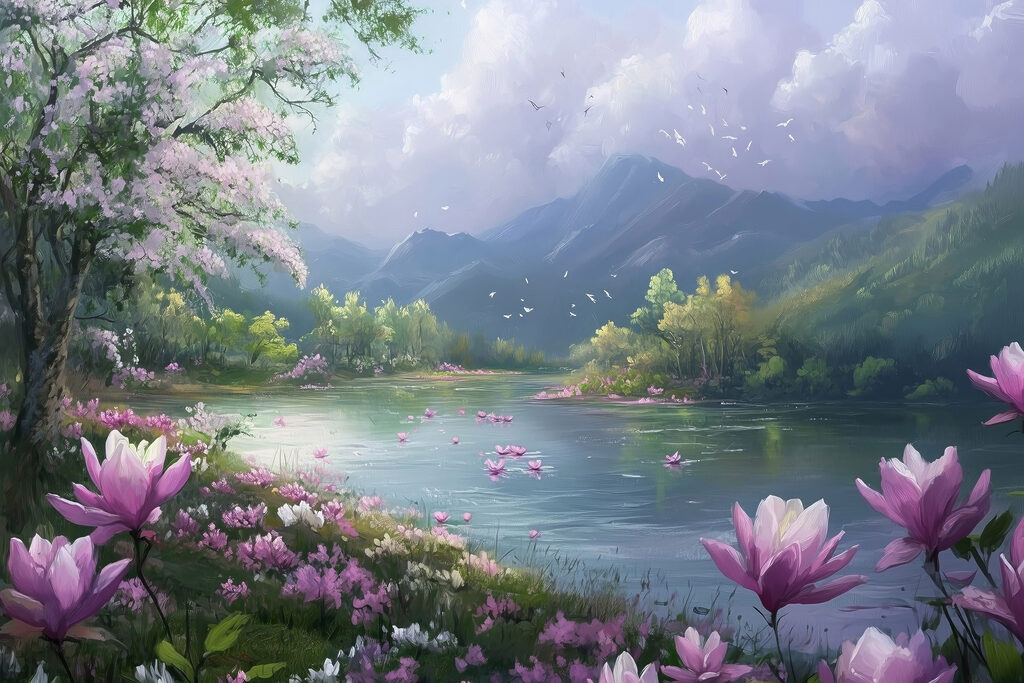 Blüten rahmen den Bergsee — ganzes Design