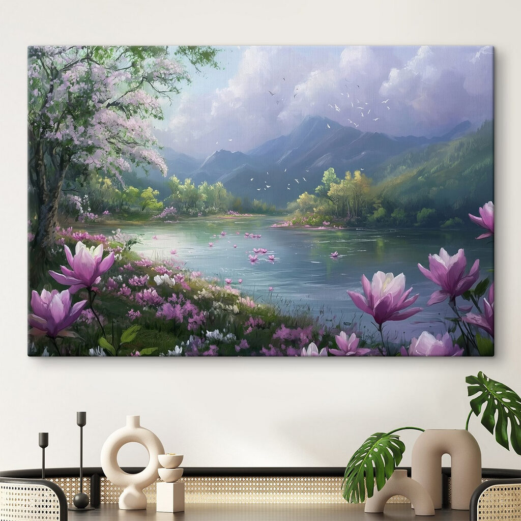 Blüten rahmen den Bergsee in einem Interieur