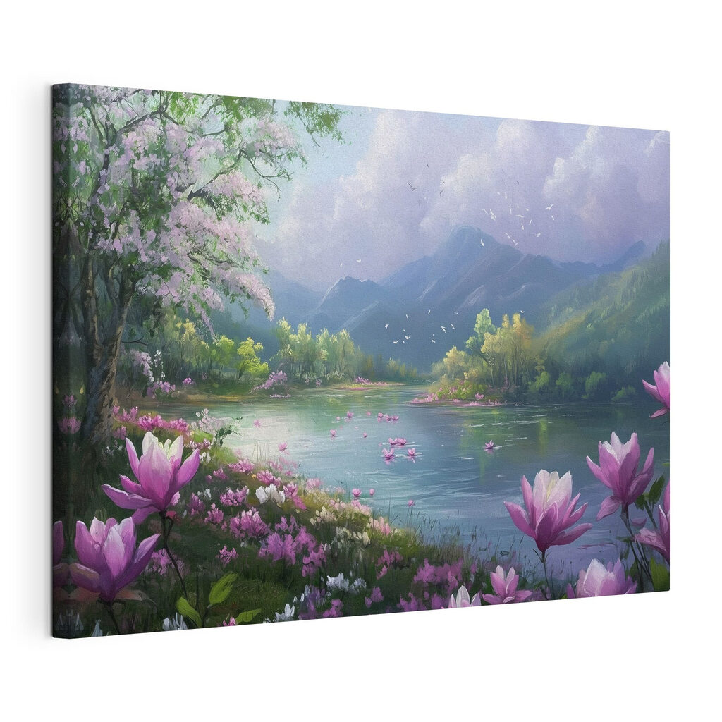 Blüten rahmen den Bergsee, gespannte Leinwand mit umlaufender Kante