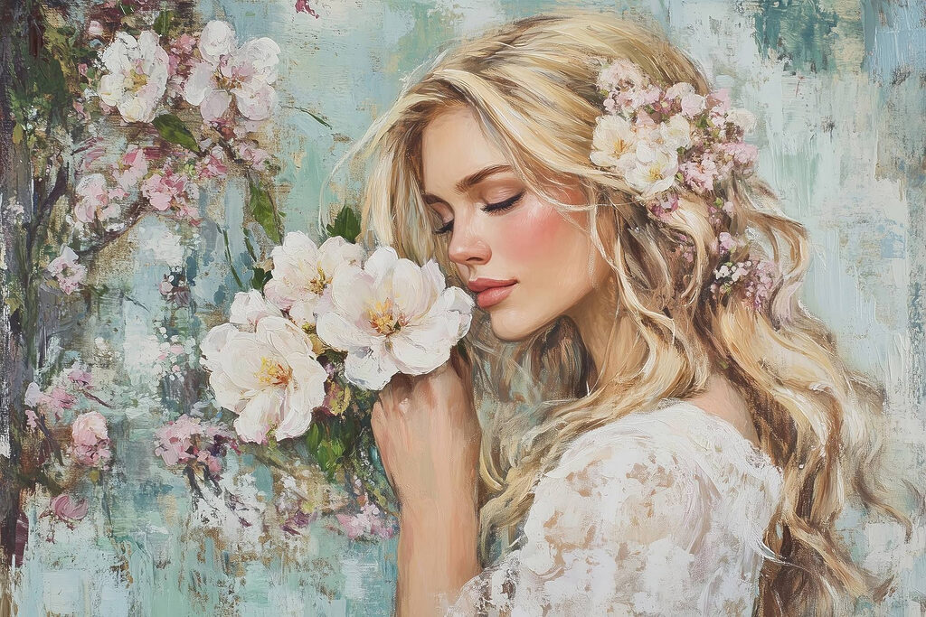 Blüte an ihrer Wange — ganzes Design