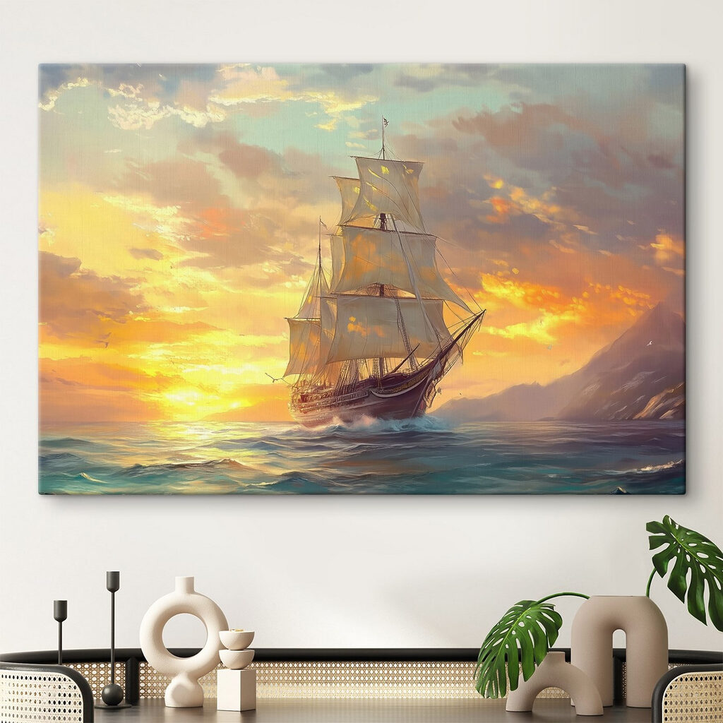 Segelschiff im Abendlicht in einem Interieur