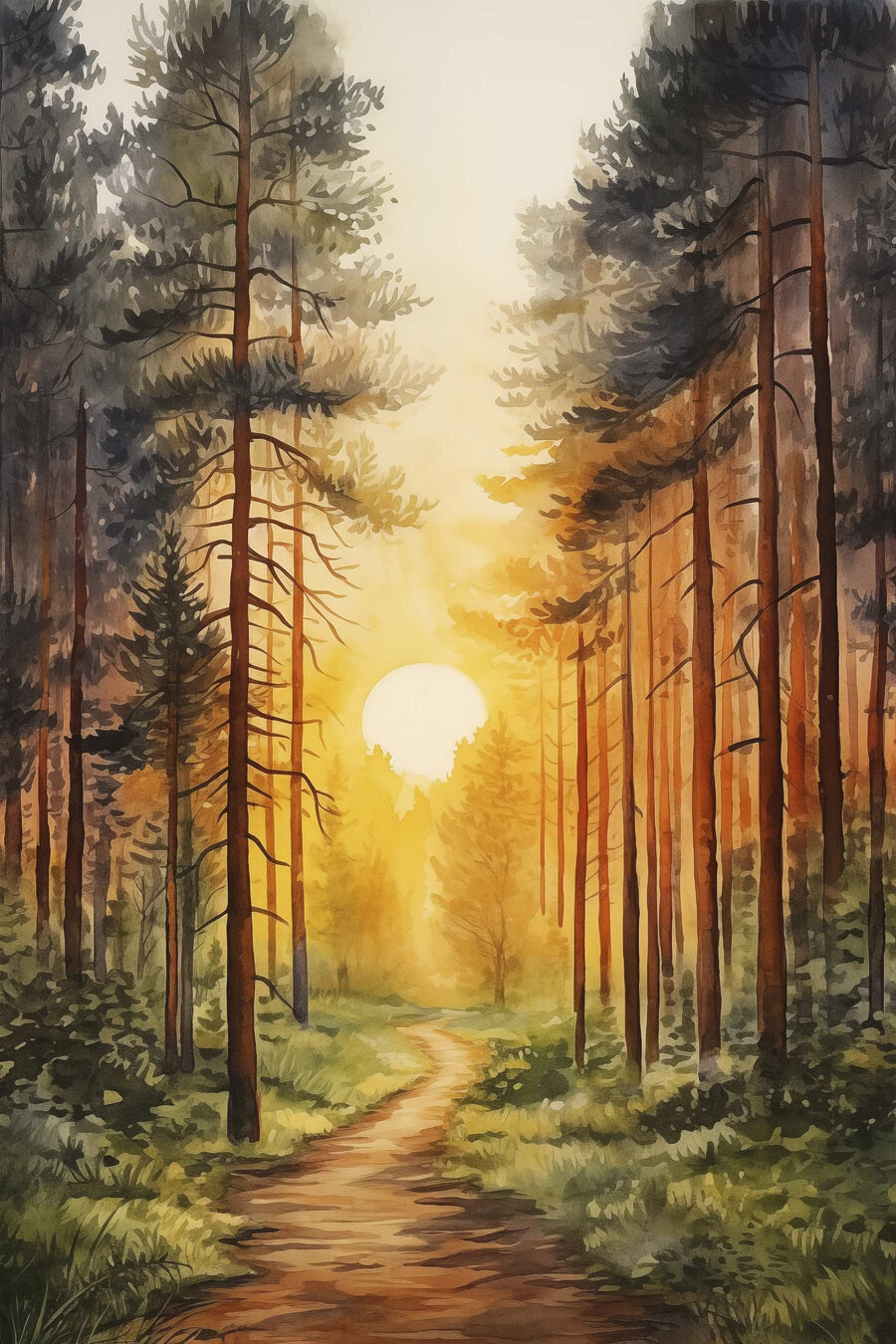 Sonne zwischen Kiefernstämmen — ganzes Design