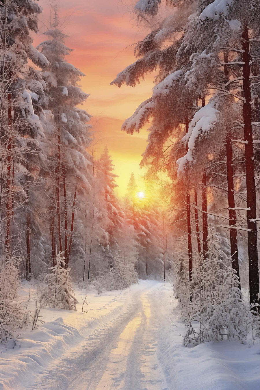 Rosa Winterhimmel über Schneespuren — ganzes Design