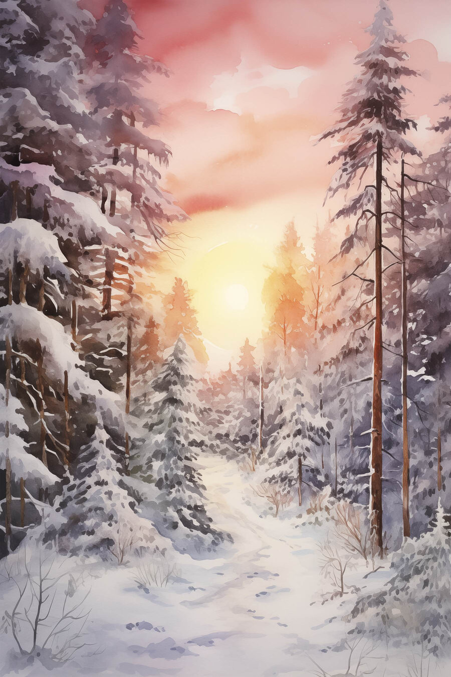 Blasse Kiefern unter Winterrosa — ganzes Design