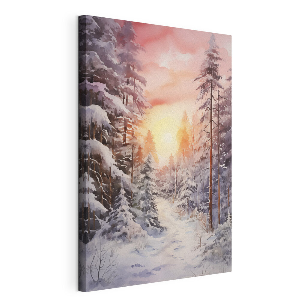 Blasse Kiefern unter Winterrosa, gespannte Leinwand mit umlaufender Kante