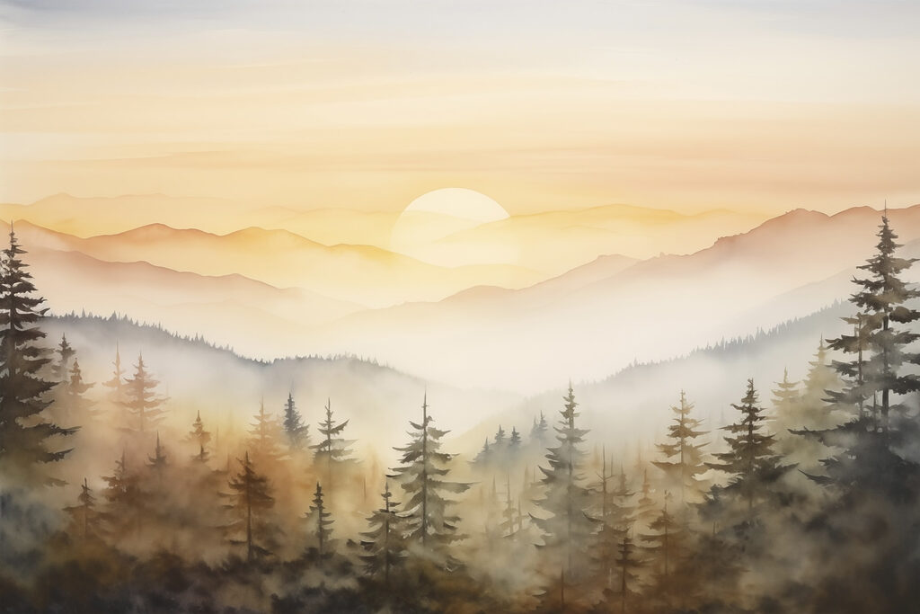 Kiefern unter goldenem Bergnebel — ganzes Design