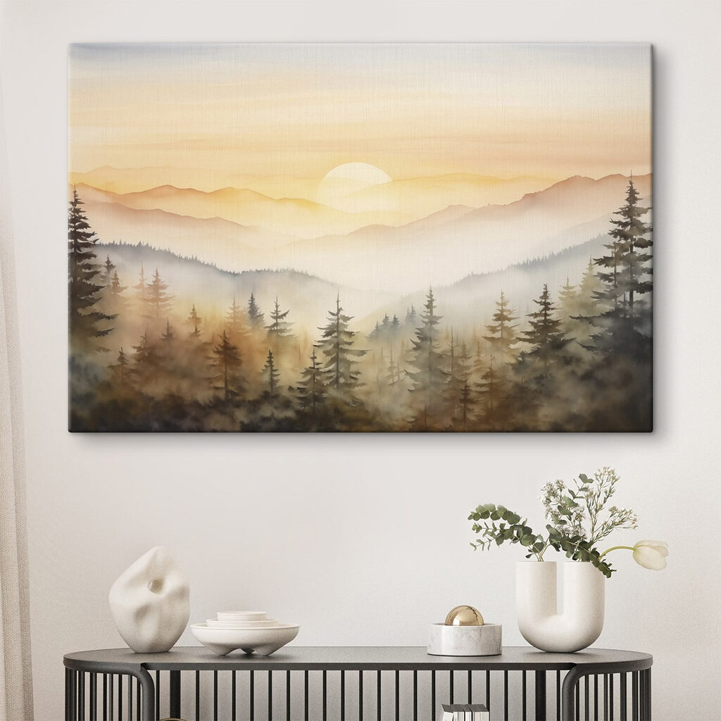 Kiefern unter goldenem Bergnebel in einem Interieur