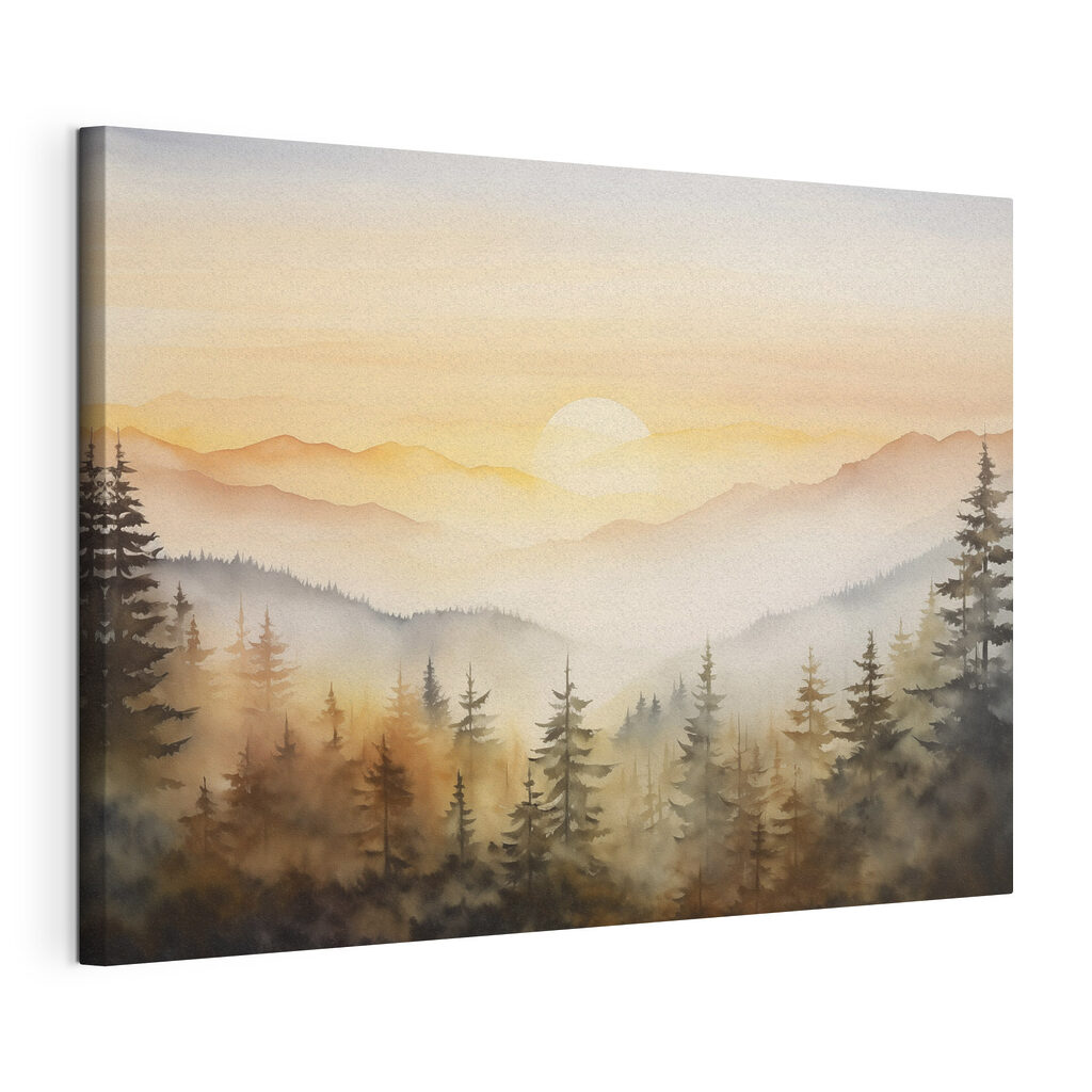 Kiefern unter goldenem Bergnebel, gespannte Leinwand mit umlaufender Kante