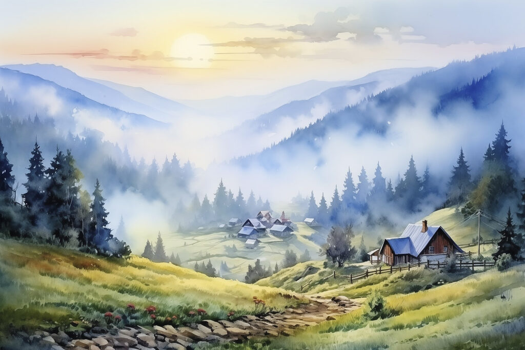 Berghütten über blauem Morgennebel — ganzes Design