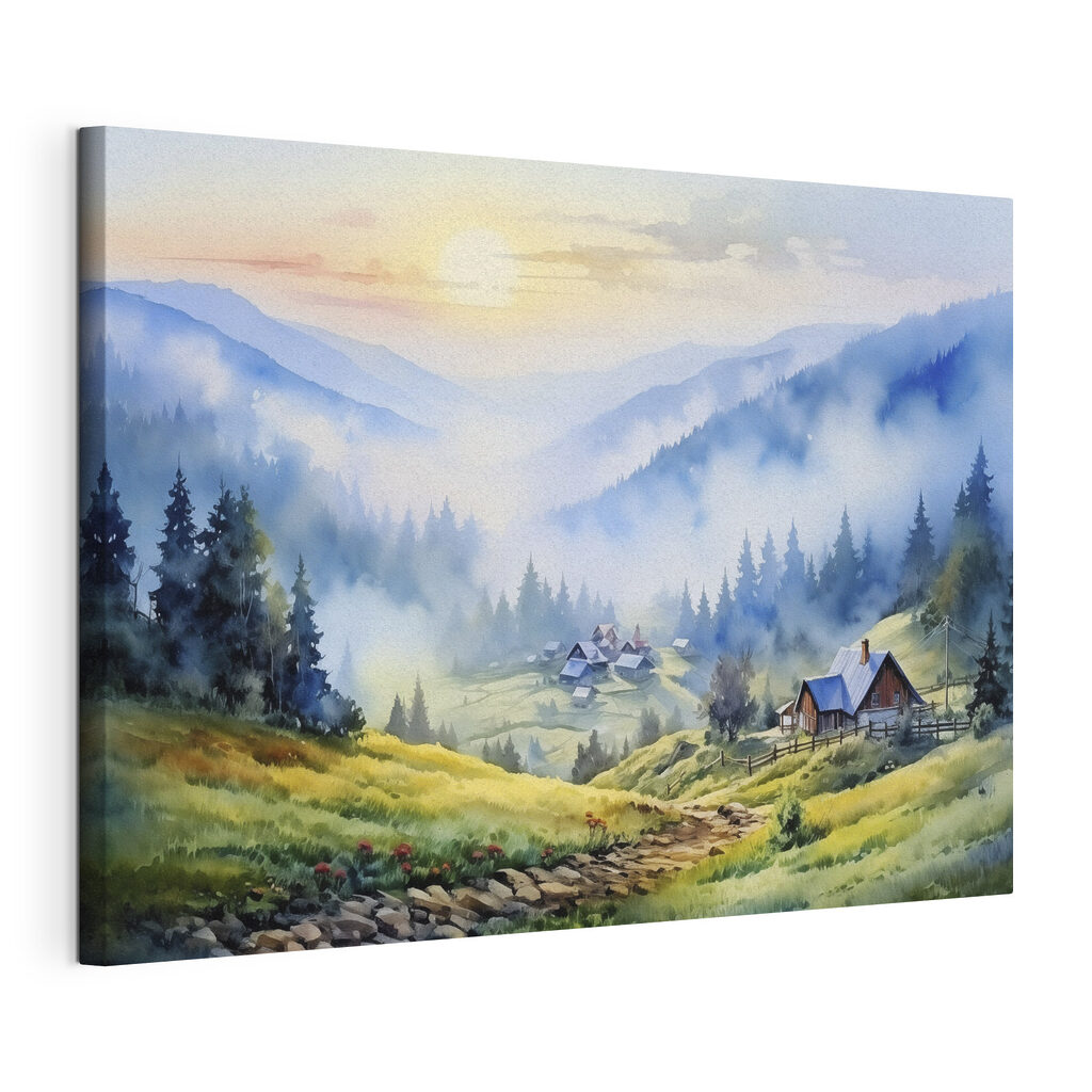 Berghütten über blauem Morgennebel, gespannte Leinwand mit umlaufender Kante