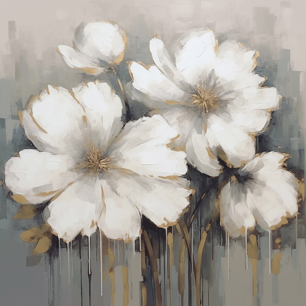 Blüten in grauen Pinselzügen — ganzes Design