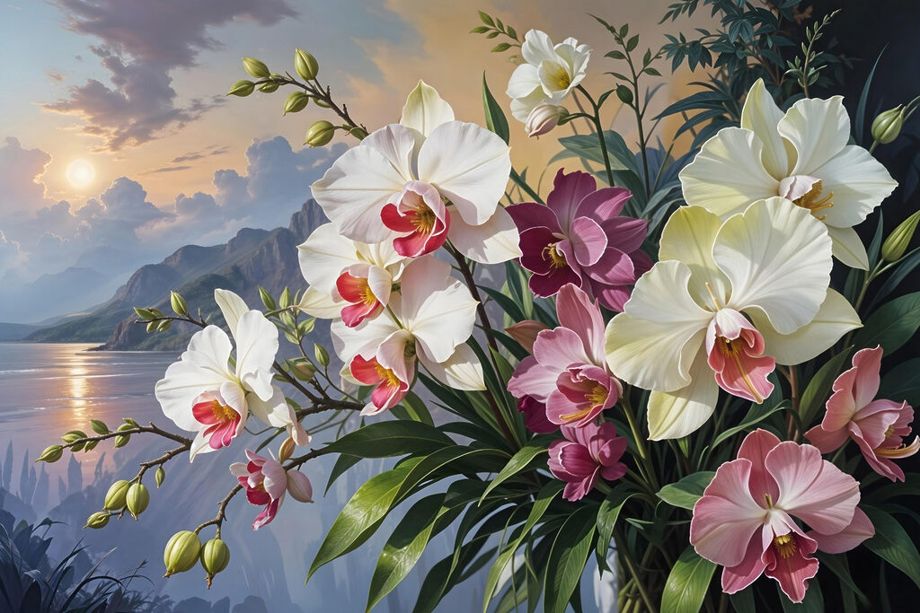 Orchideen vor dem Abendsee — ganzes Design