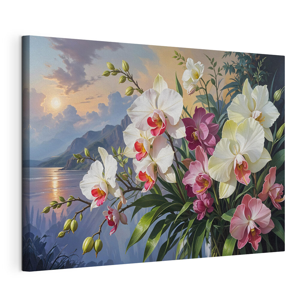 Orchideen vor dem Abendsee, gespannte Leinwand mit umlaufender Kante