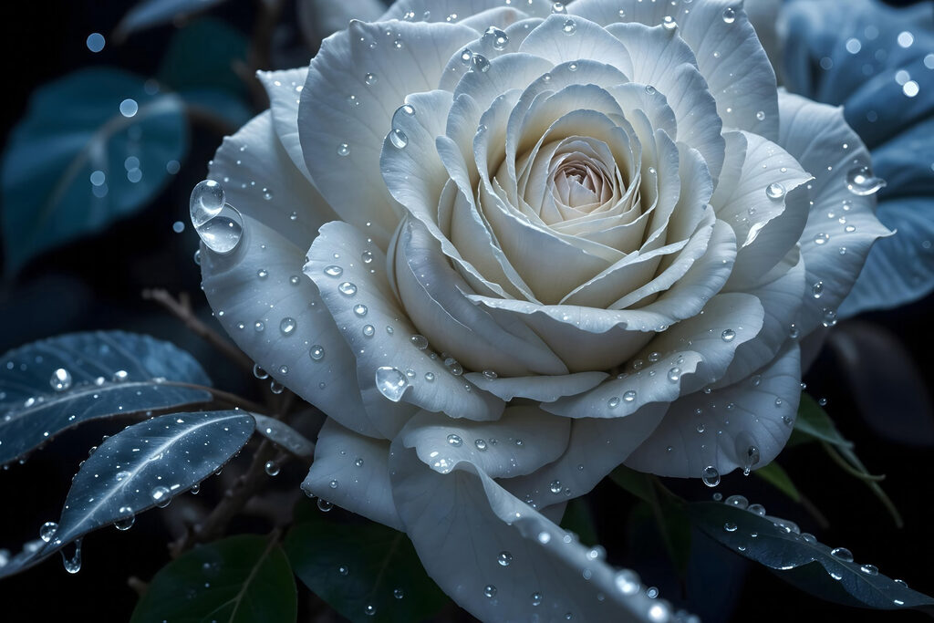 Weiße Rose mit Tautropfen — ganzes Design