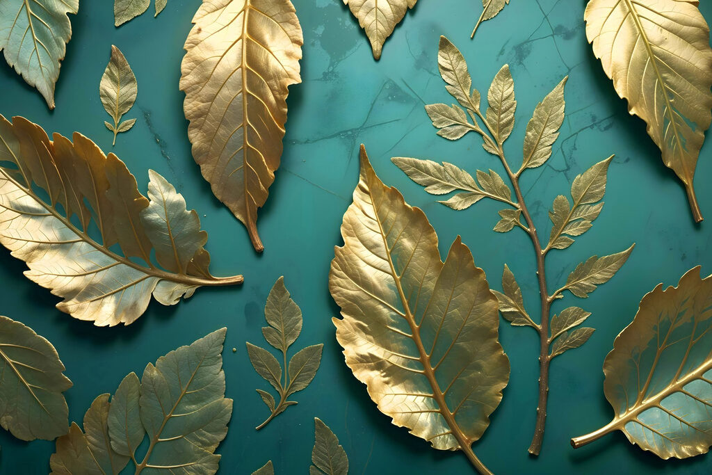 Goldener Blätterfall auf Türkis — ganzes Design