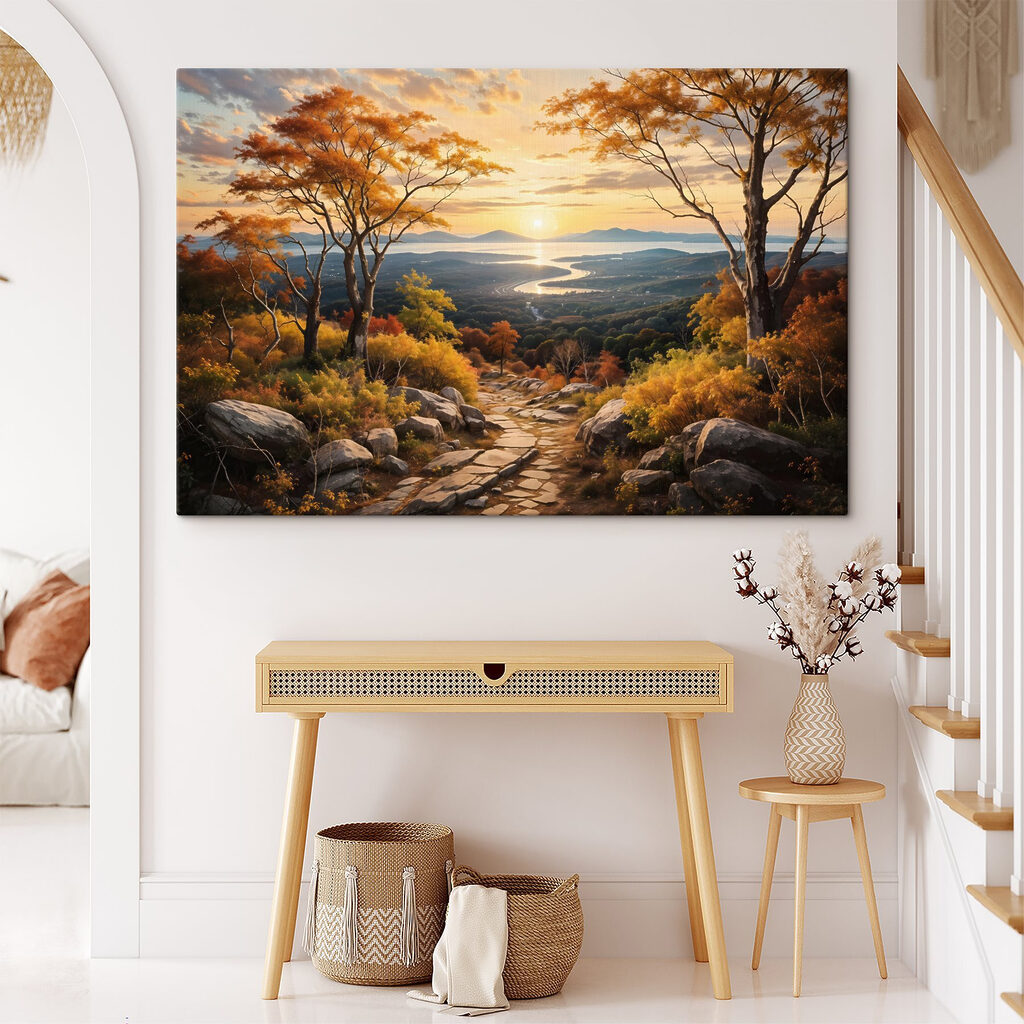 Herbstpfad über goldenem Fluss in einem Interieur