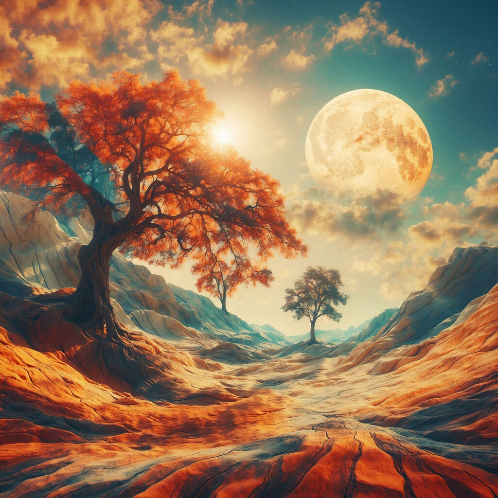 Herbstbaum unter goldenem Mond — ganzes Design