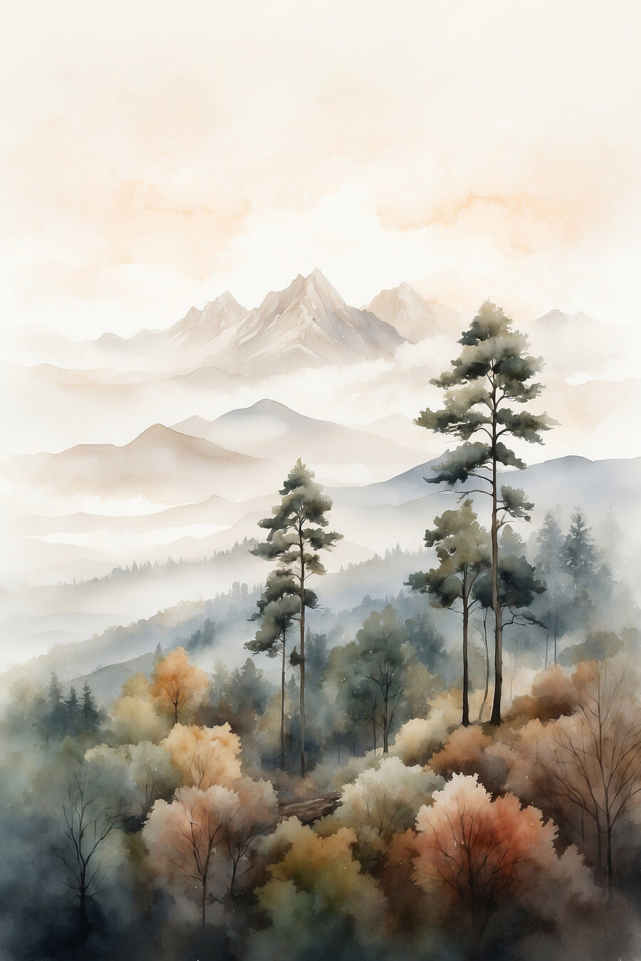 Kiefern über Pastellnebel — ganzes Design