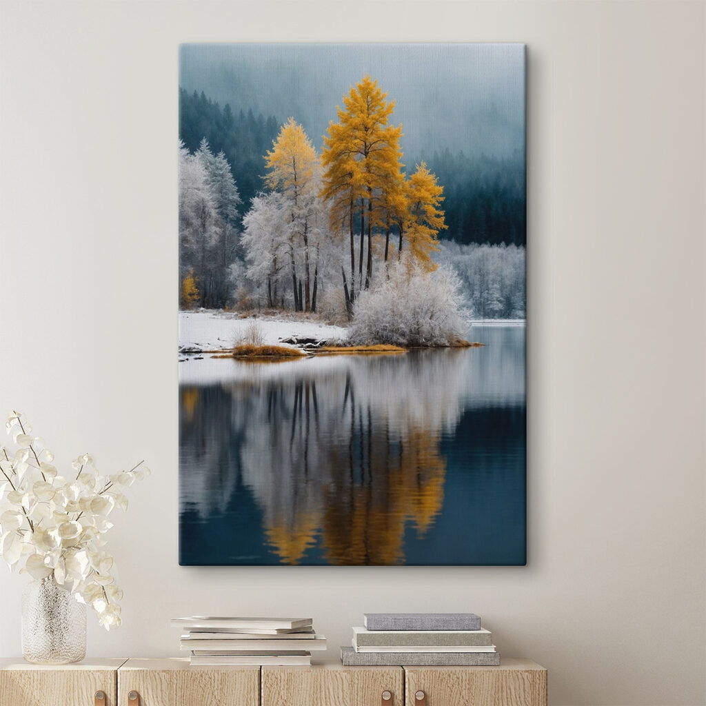 Gelbe Bäume neben Winterbirken in einem Interieur