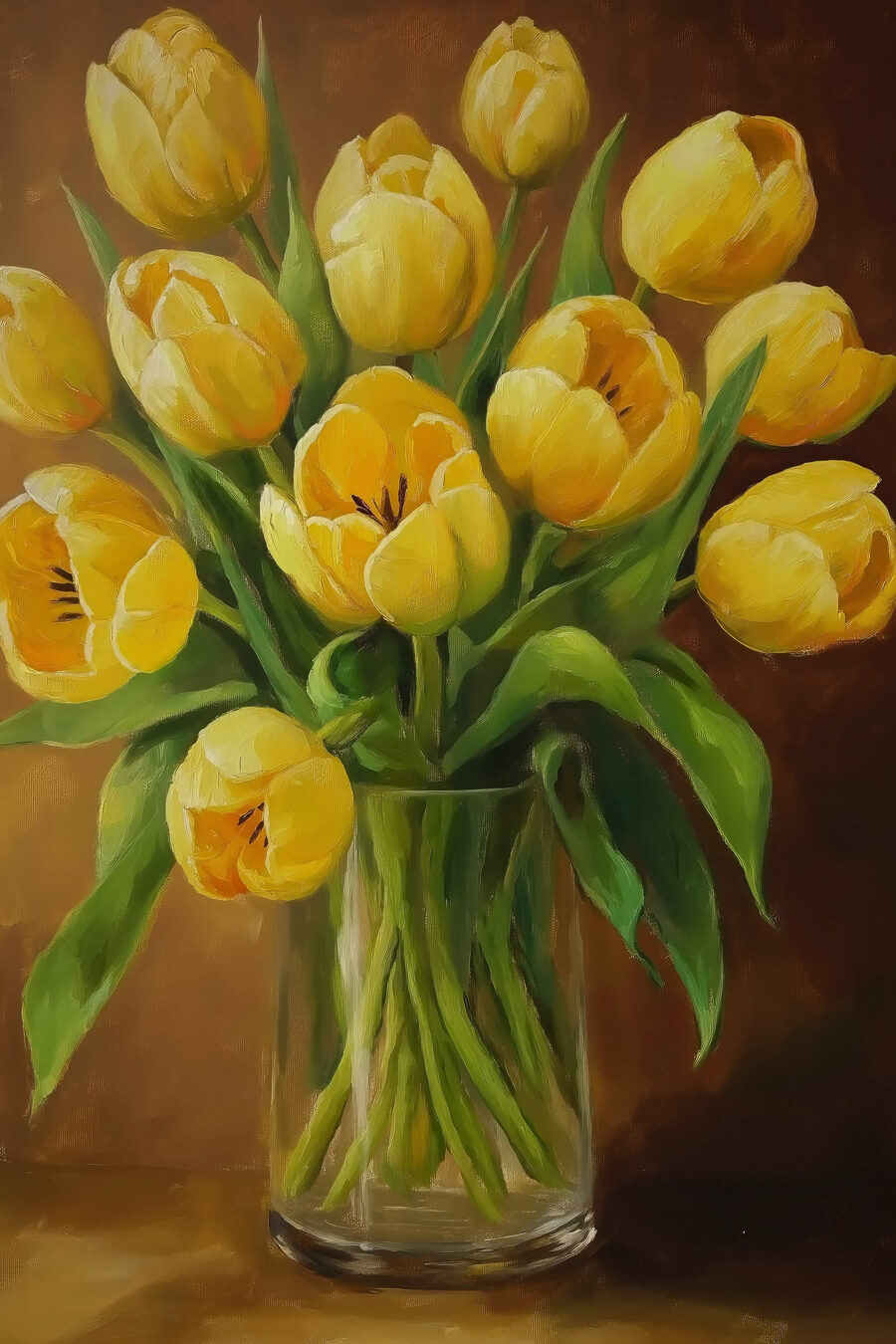Gelbe Tulpen vor Braun — ganzes Design
