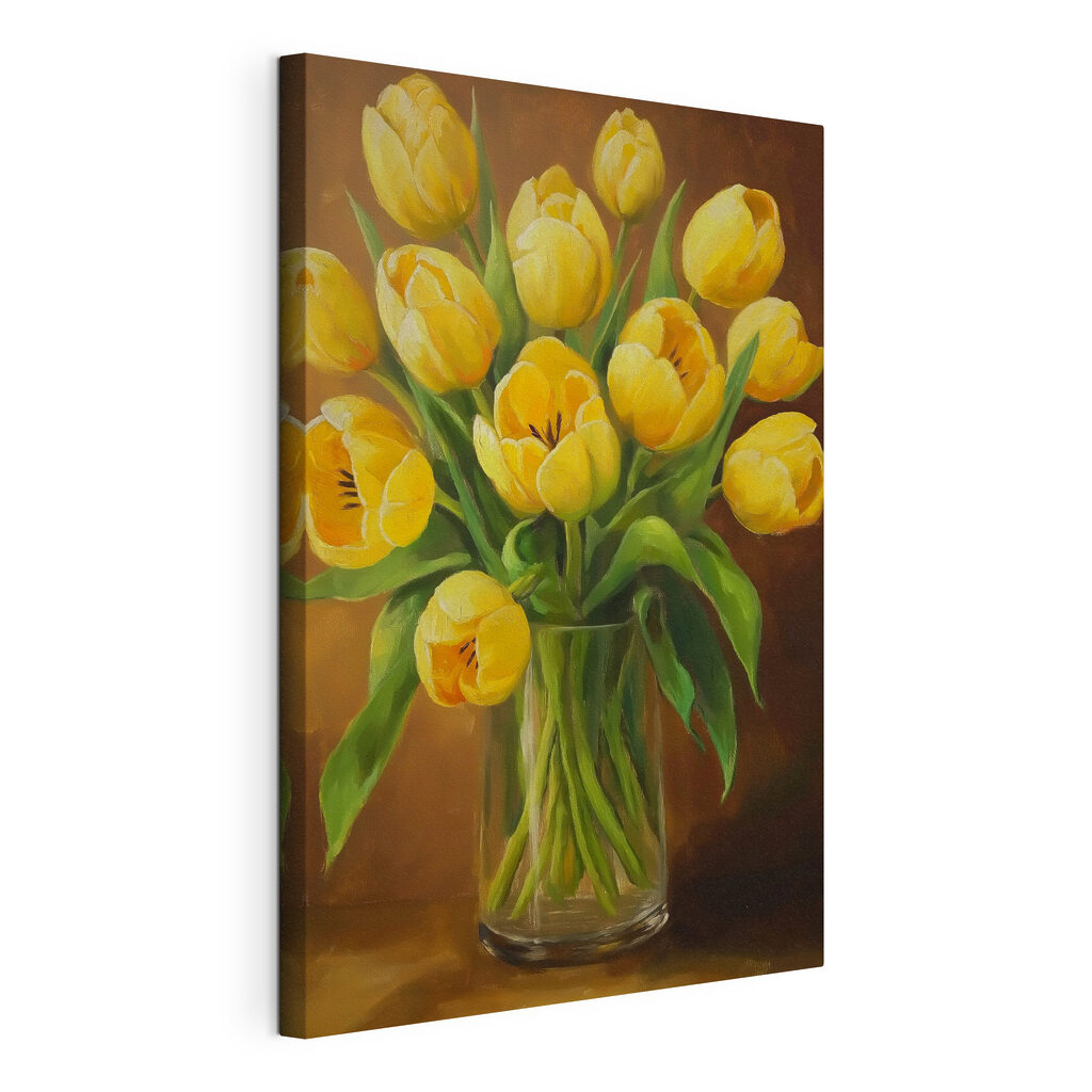Gelbe Tulpen vor Braun, gespannte Leinwand mit umlaufender Kante
