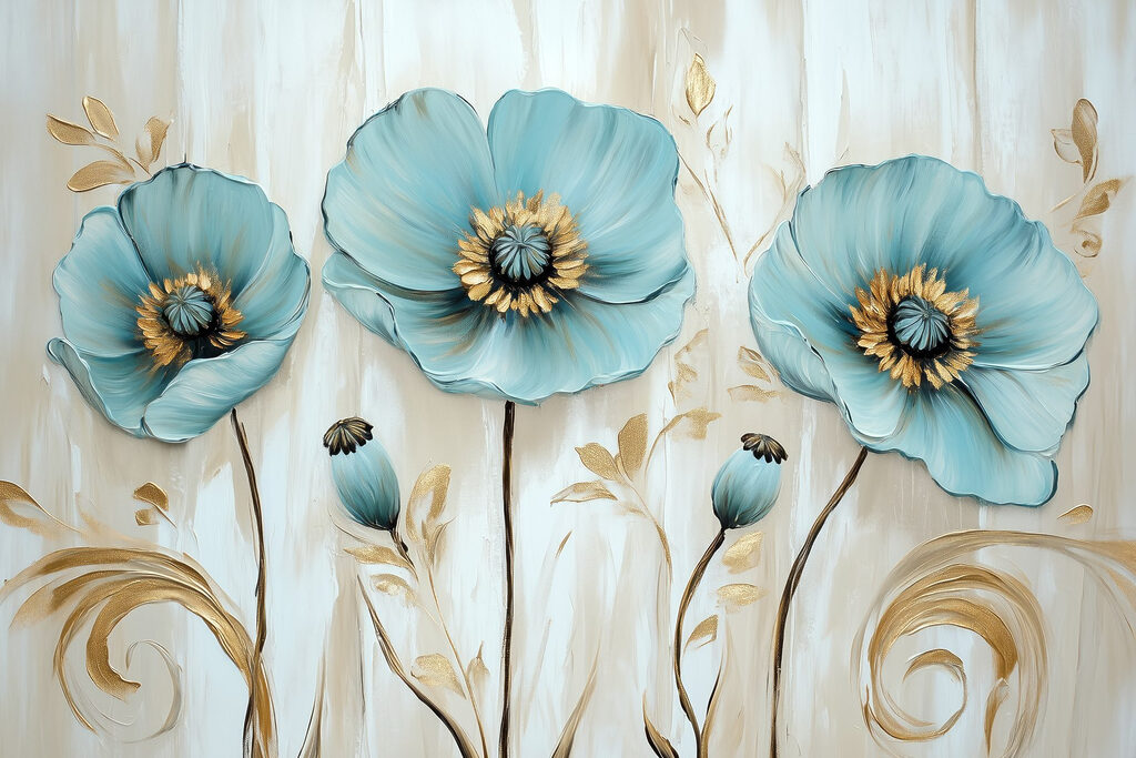 Blaue Blüten, goldene Stiele — ganzes Design