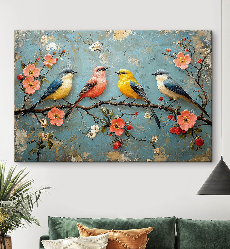 Vier Vögel am Blütenbogen in einem Interieur