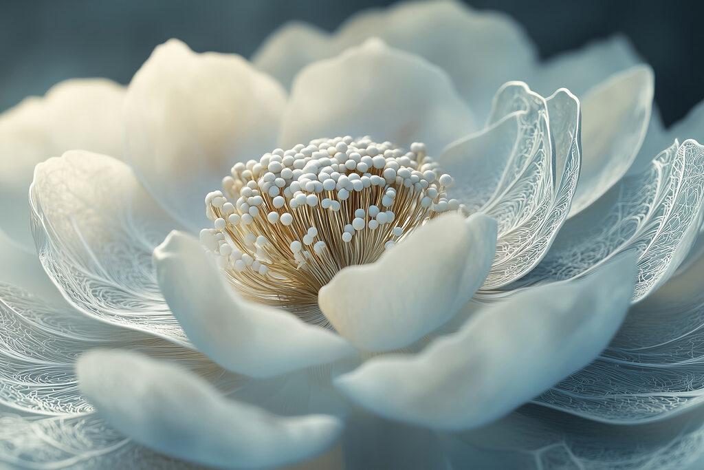Weiße Blüte, hauchfeine Adern — ganzes Design