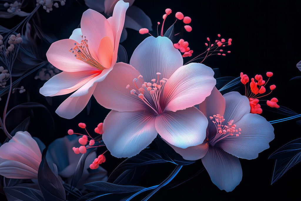Blüten an nachtblauen Zweigen — ganzes Design