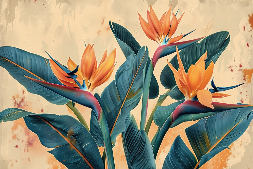 Paradiesvogelblumen zwischen blaugrünen Blättern — ganzes Design
