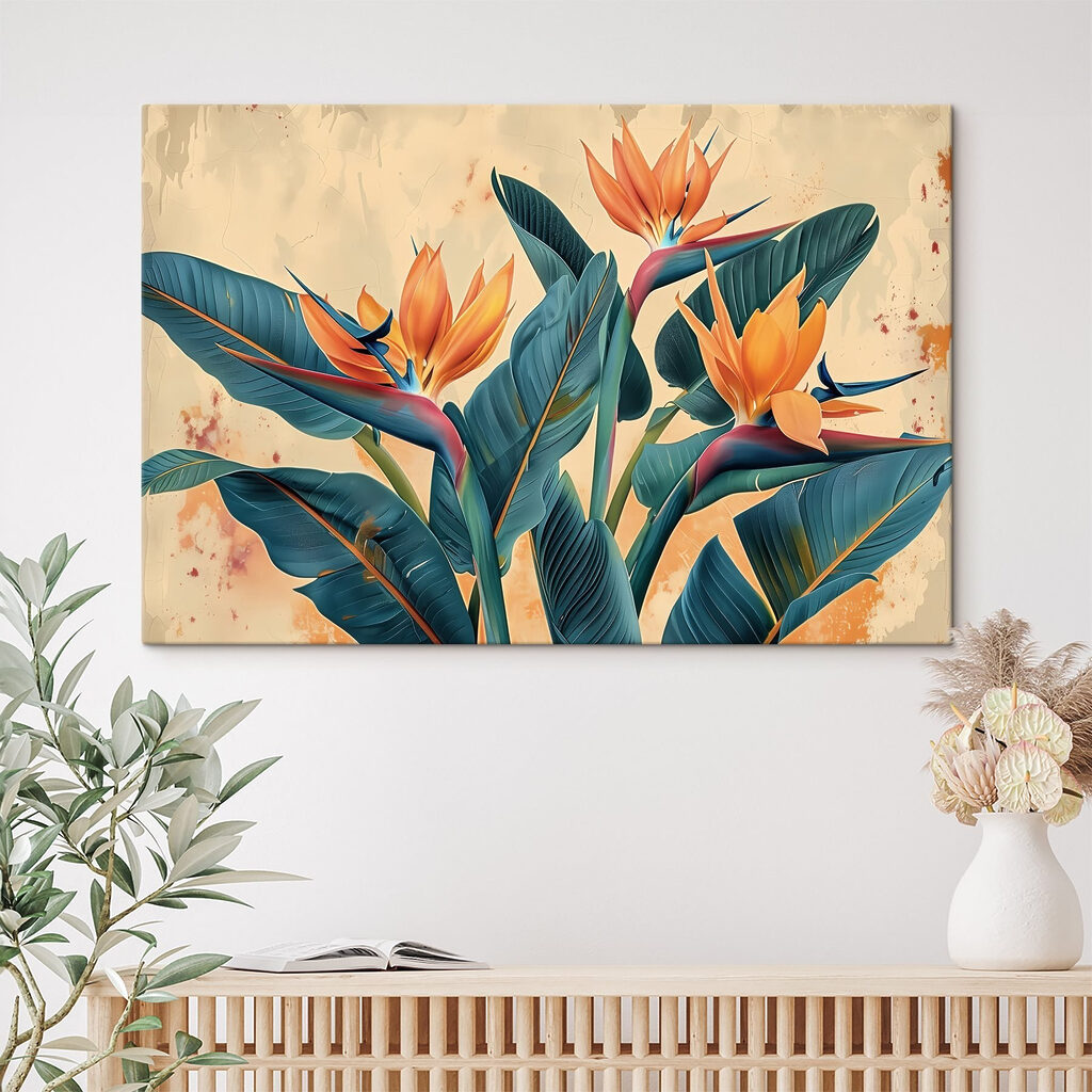 Paradiesvogelblumen zwischen blaugrünen Blättern — Interieur 2