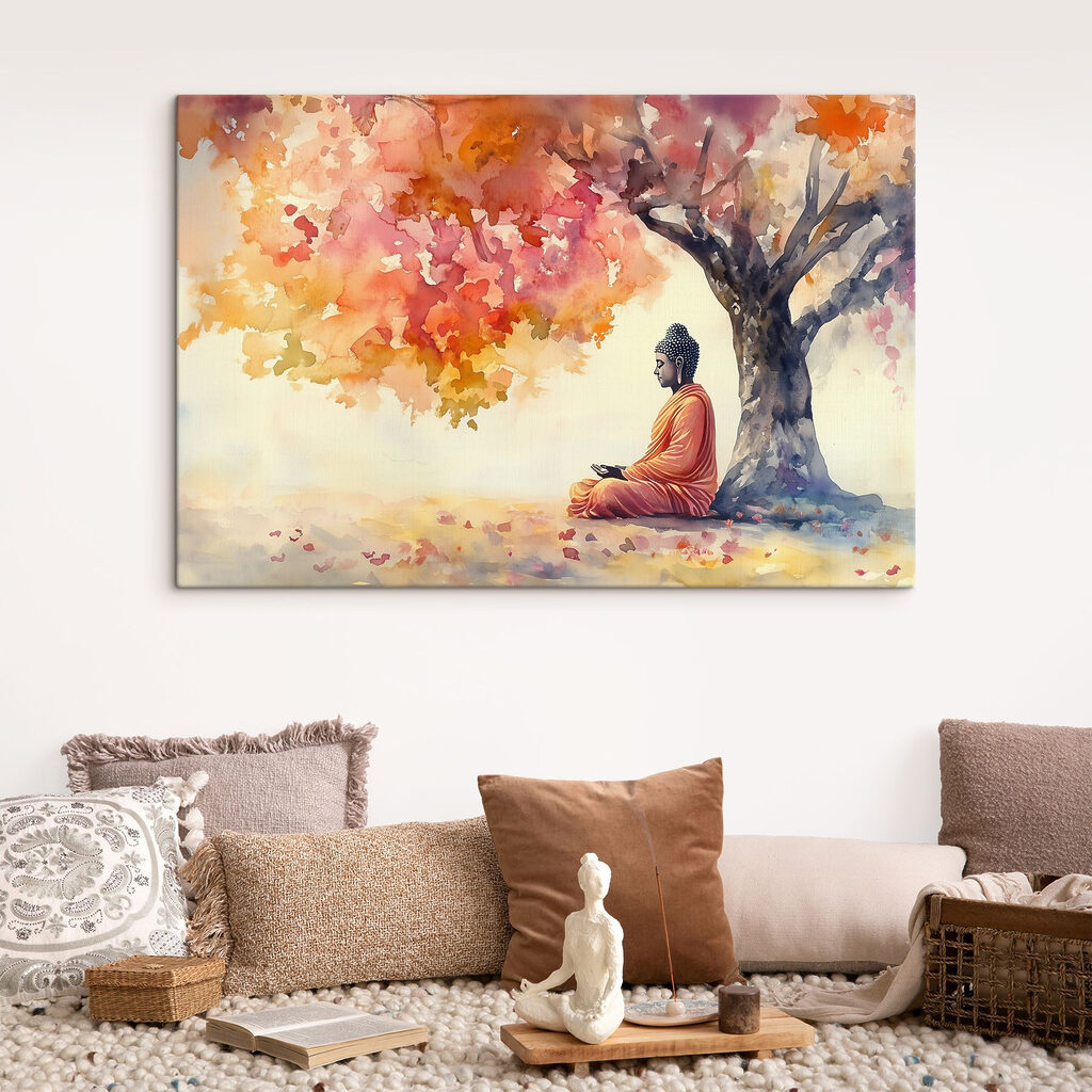 Buddha unter Herbstlaub in einem Interieur