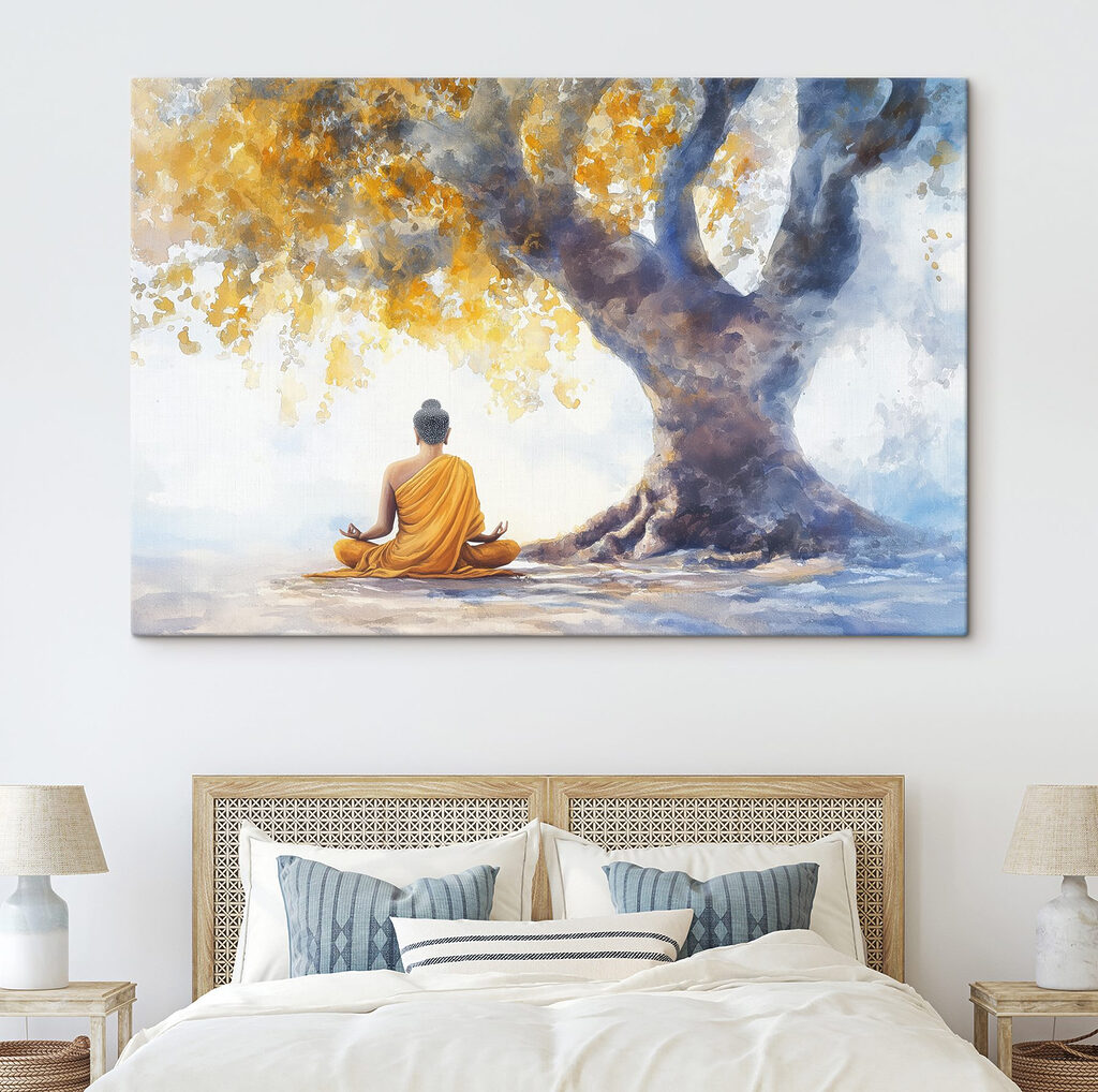 Meditation unter goldenem Baum in einem Interieur