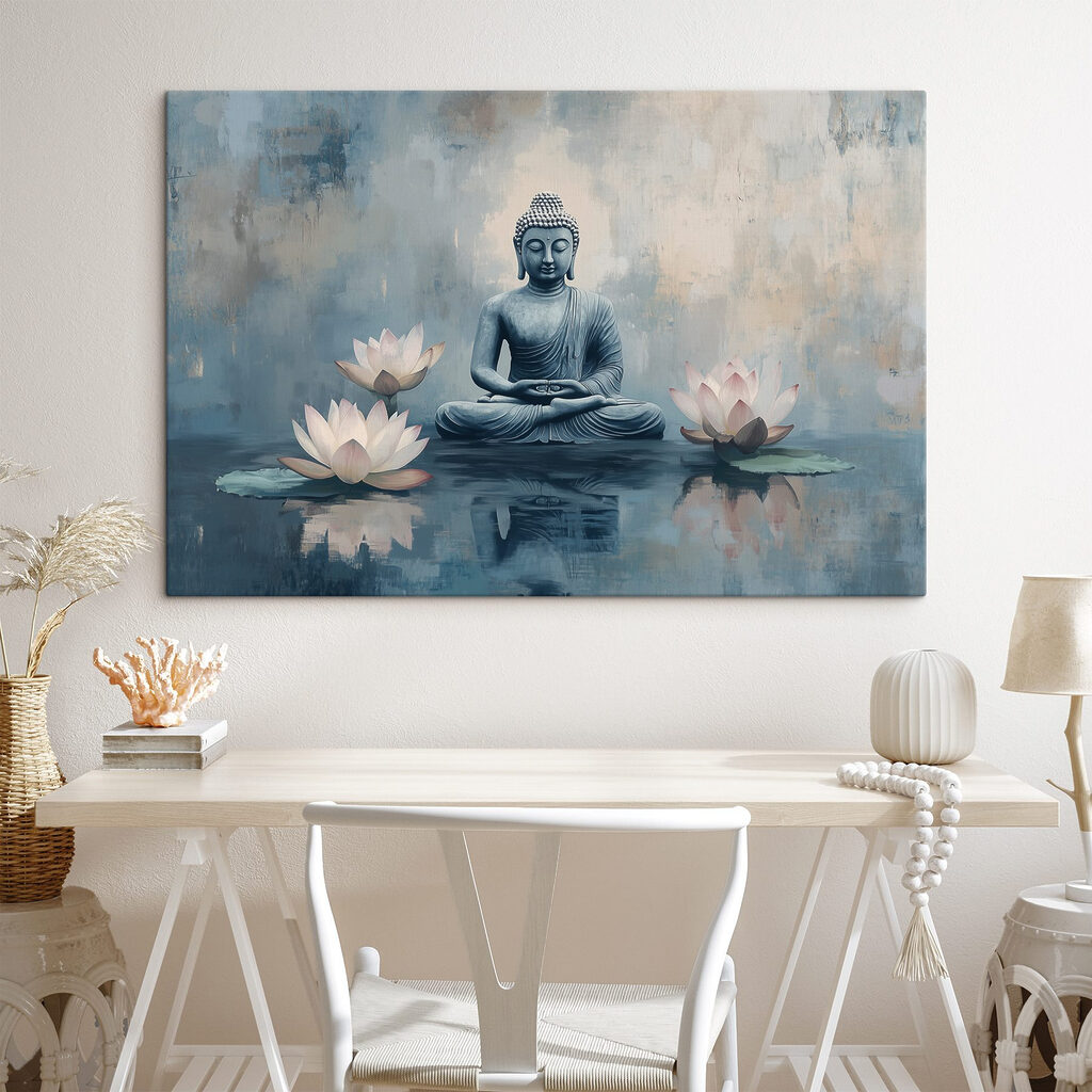 Buddha zwischen drei Lotusblüten in einem Interieur