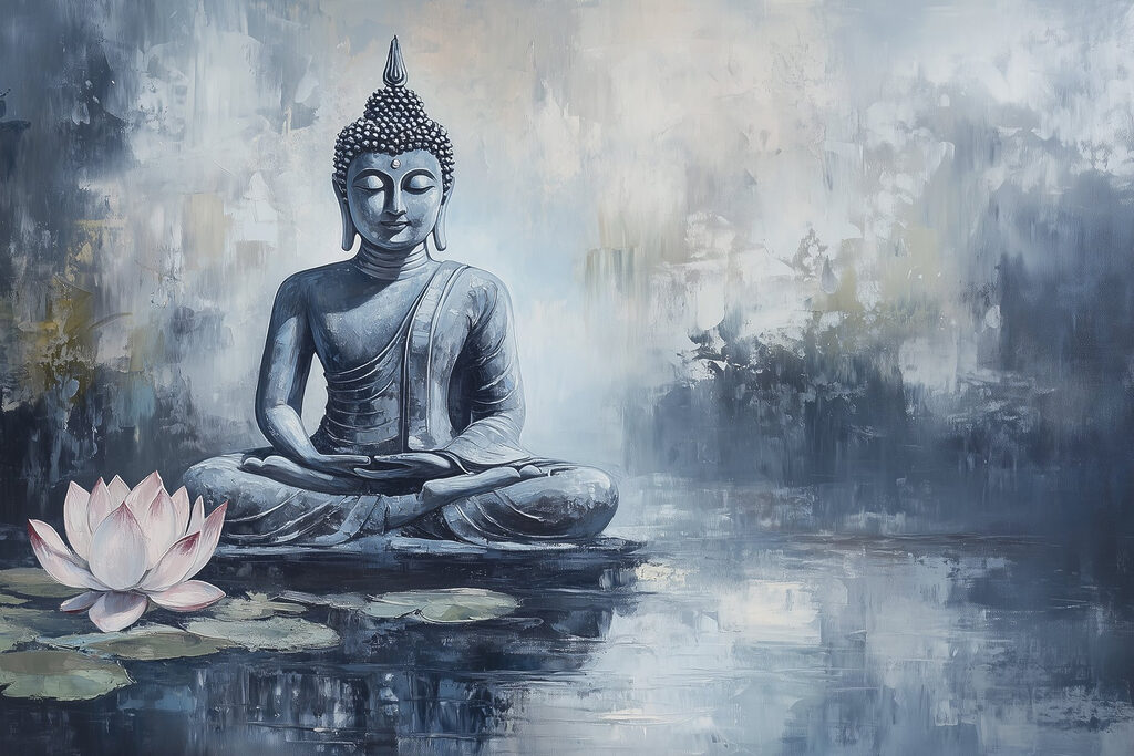 Buddha im blauen Teichnebel — ganzes Design